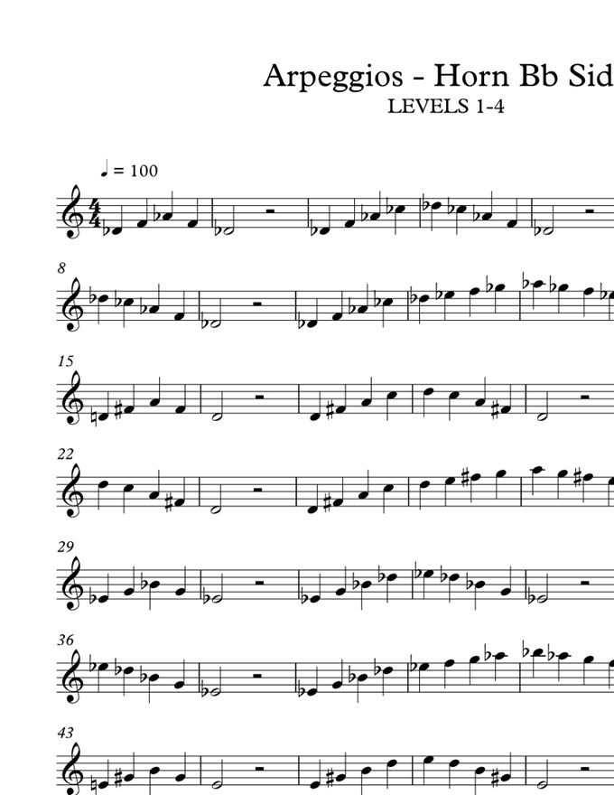 Positions for the Bb side are (T2-3,T1-2,T1,T2,T0)  Arpeggios are good for improving flexibility, smoothness, sound and airflow, make sure you are aware of all those things while doing the exersise. Play everything Legato / Los arpeggios son muy buenos para mejorar la flexibilidad, la conexión entre notas, el sonido y lal fluidez del aire. Asegúrese que este trabajando en todos esos detalles mientras hace el ejercicio. Hacerlo todo ligado.