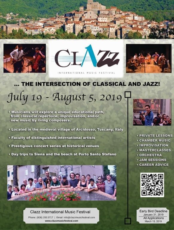 I’m honored to be a part of the faculty at Clazz International Music Festival for this summer! It takes place in Arcidosso, Tuscany, Italy. It’s a wonderful festival in a beautiful place!!! There is no age limit.  www.clazzmusicfestival.com   