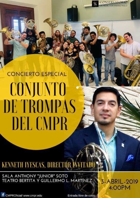 Ven a compartir un excelente concierto con el Estudio de Trompas del Conservatorio de Música de Puerto Rico!!! Profesor invitado Kenneth Javier Iyescas!!! Este próximo miércoles a las 4pm en la Sala Junior Soto!!! Ven a disfrutar de buena música por estos talentosos jóvenes!!!  Puerto Rico Music Conservatory 🇵🇷 Horn Studio!!! 📯📯🇵🇷🇵🇷🏖🌴🏖!!!