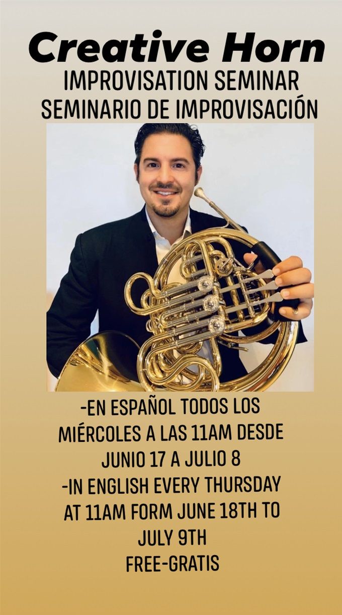 It is a pleasure for me to invite you all to an online improvisation horn seminar where we are going to be working on some exercises from my book. It is going to be free for everyone and you don’t have to have the book to participate. If you are interested in participating in the seminar please send me your email address where you are going to be receiving details and the Zoom links. Also please let me know if you are attending the Spanish or the English session.  Wednesday 11am in Spanish (New York Time) Thursday 11am in English (Hora Nueva York)  Es un placer para mi invitarlos a todos al seminario de improvisación para trompa(corno) en línea donde estaremos trabajando varios ejercicios de mi libro. Va a ser gratuito para todos y no tienen que tener el libro para participar. Si desea participar favor de enviarme un mensaje con su dirección de correo electrónico donde estará recibiendo más detalles y los enlaces de Zoom. Por favor informarme a cual sesión estaría asistiendo en Español o en Inglés.  Miércoles 11am en Español (Hora de Nueva York) Jueves 11am en Ingles   🙏🙏🙏📯📯📯🇵🇷🇨🇴🌴🌊🎼☕️!!! From Classical to Jazz an Improvisation Method  www.joshuapantoja.com
